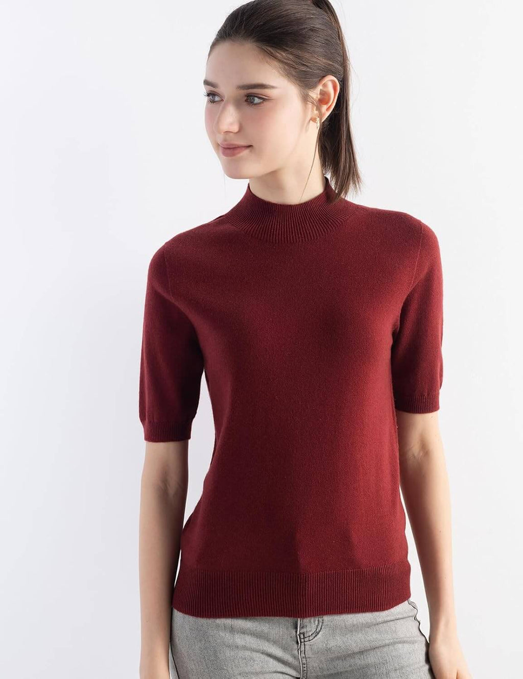 Merino Wool Blend Mock Neck Short Sleeve Seamless Knit Sweater