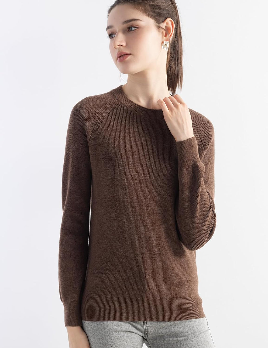 Merino Wool Blend Crew Neck Knit Sweater