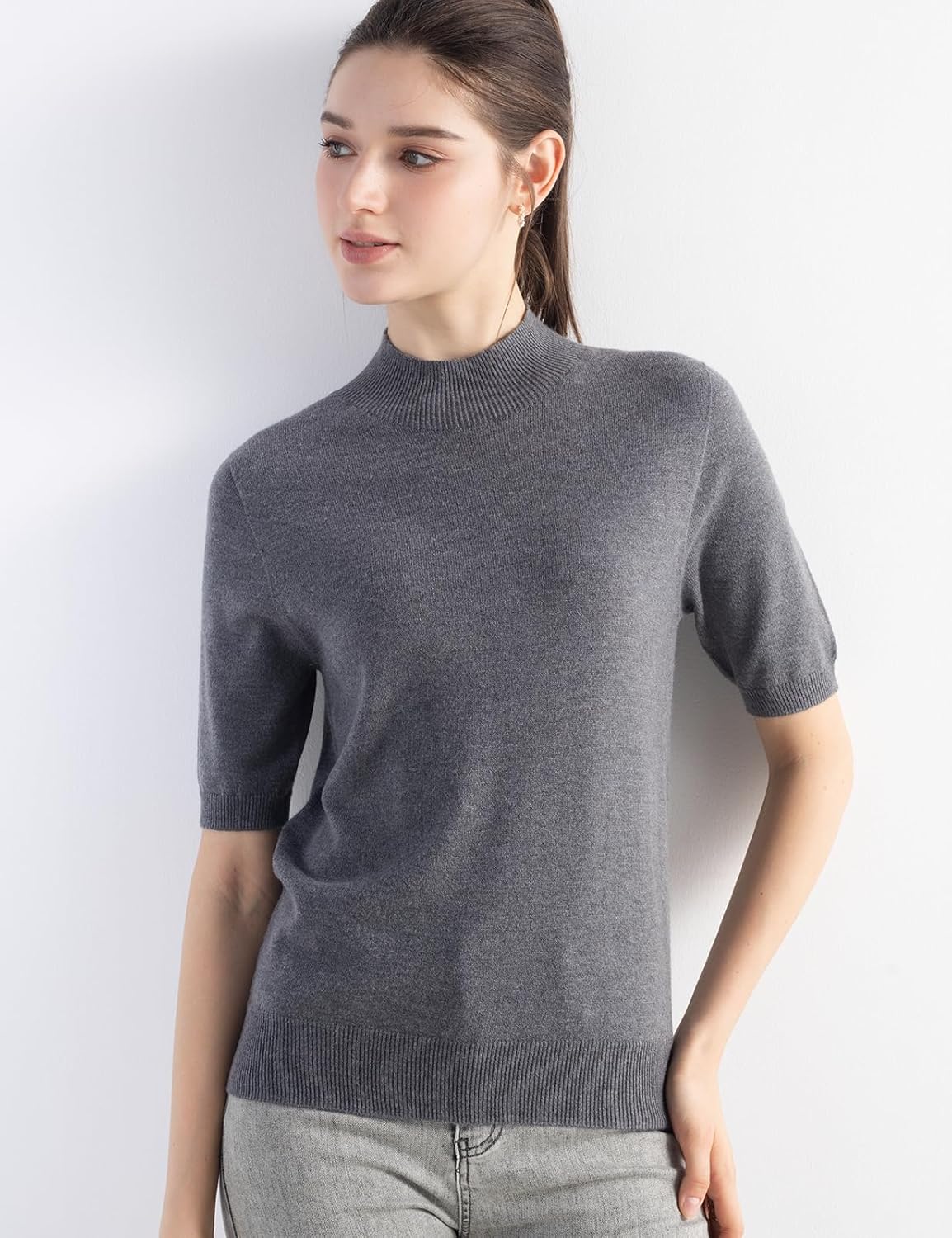 Merino Wool Blend Mock Neck Short Sleeve Seamless Knit Sweater