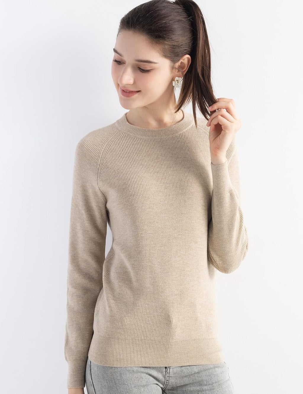 Merino Wool Blend Crew Neck Knit Sweater