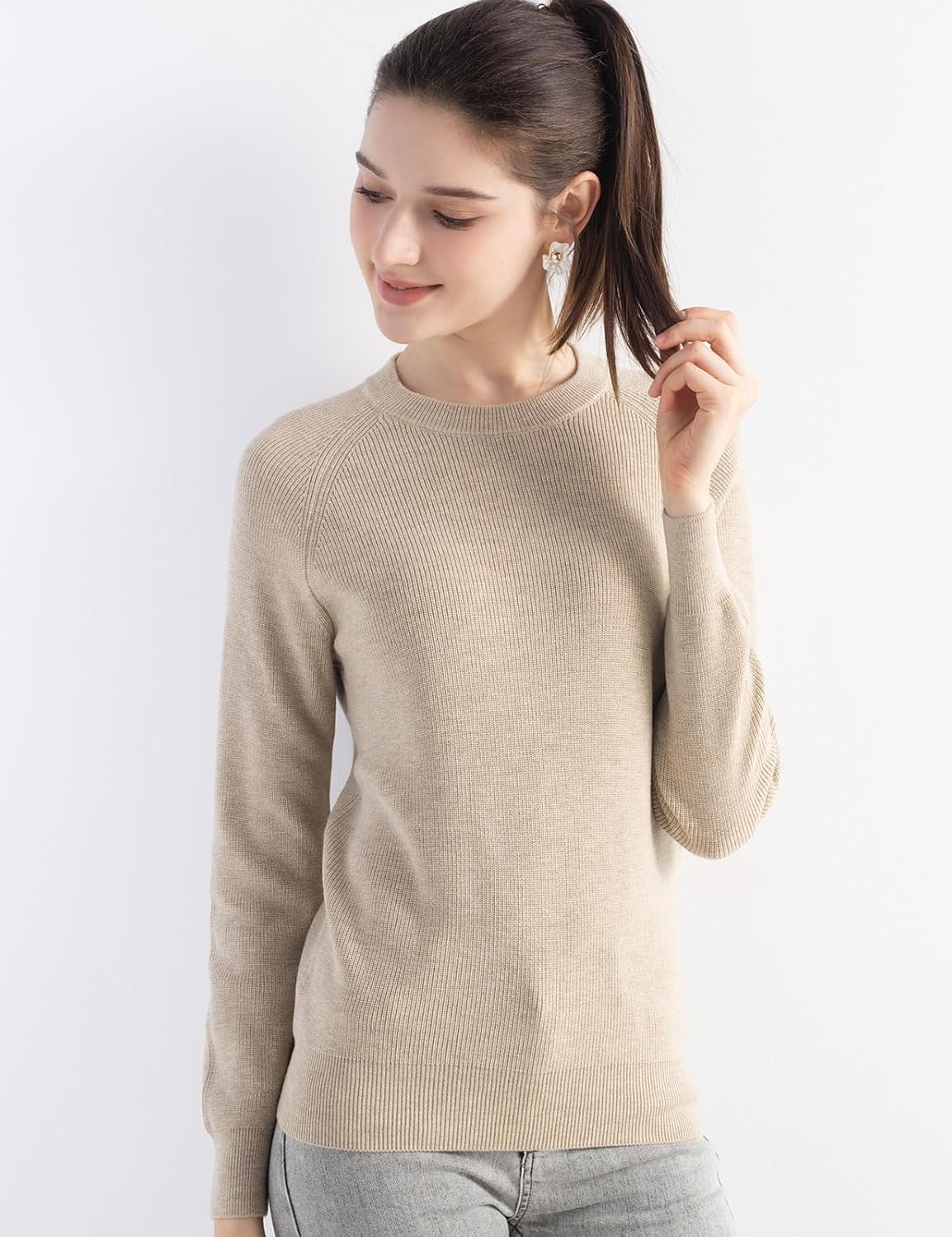 Merino Wool Blend Crew Neck Knit Sweater