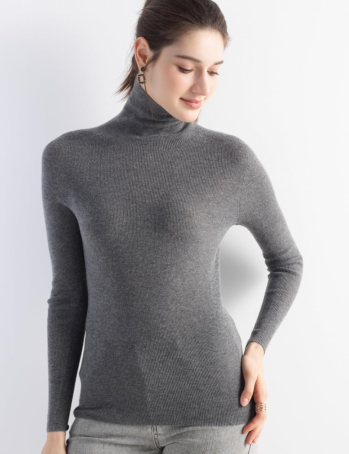 Merino Wool Blend Ribbed Turtleneck Slim Fit Sweater