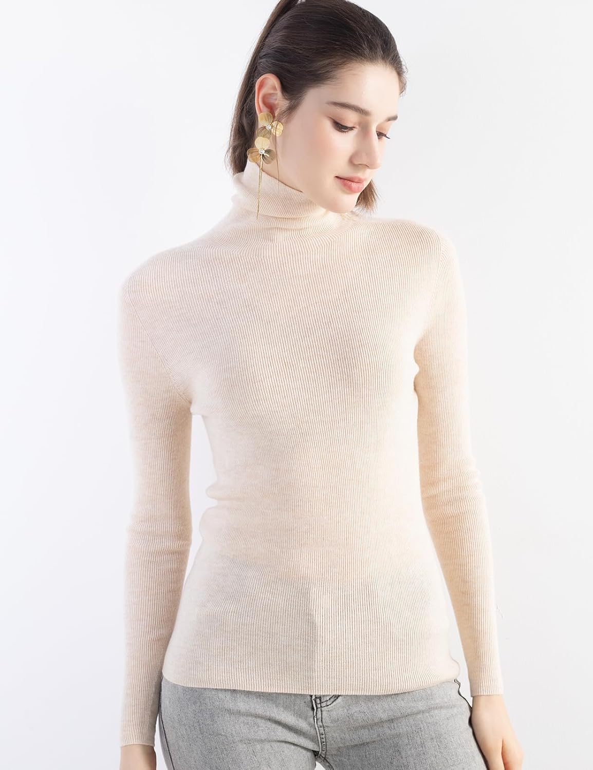 Merino Wool Blend Ribbed Turtleneck Slim Fit Sweater