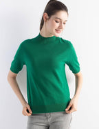 Merino Wool Blend Mock Neck Short Sleeve Seamless Knit Sweater