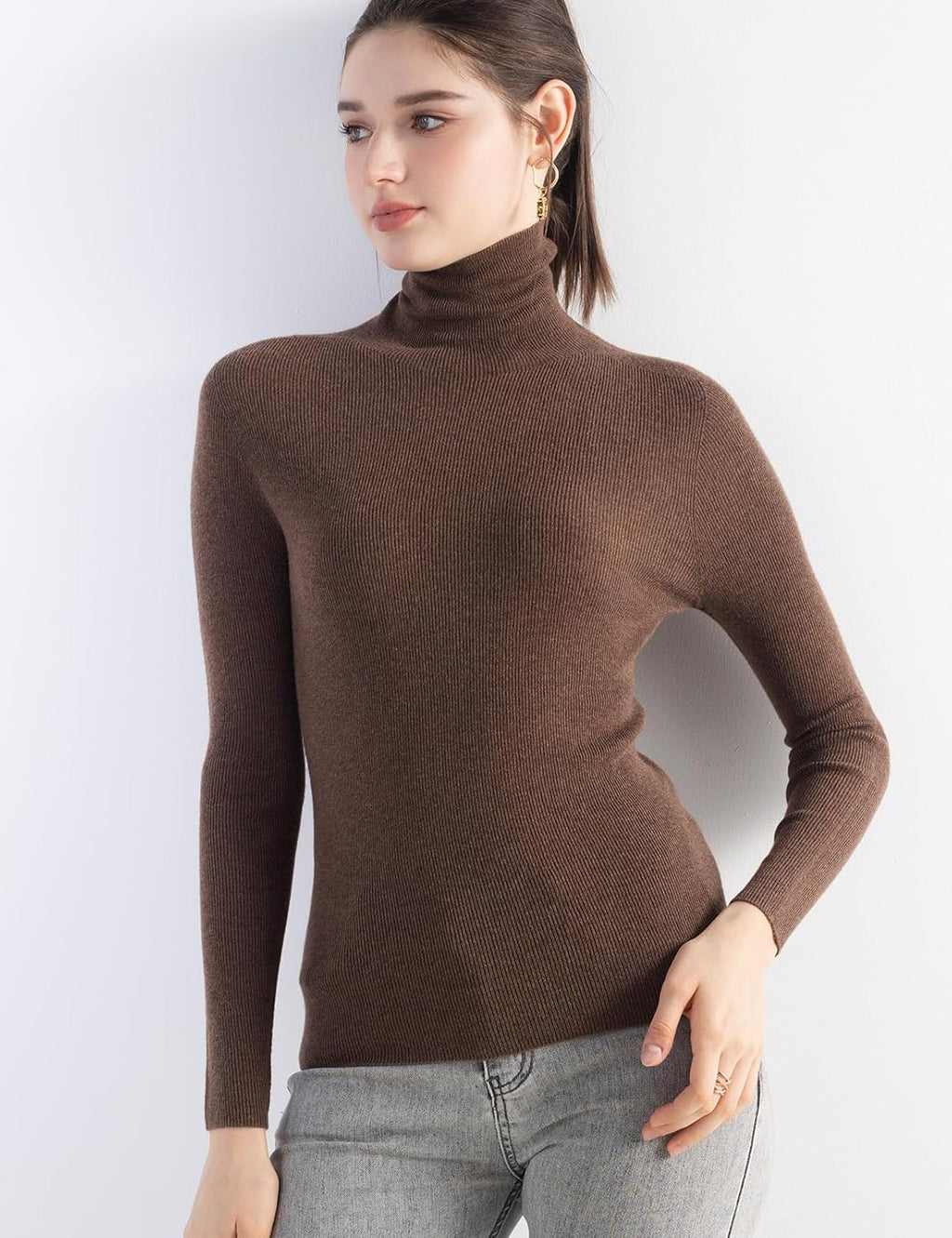 Merino Wool Blend Ribbed Turtleneck Slim Fit Sweater