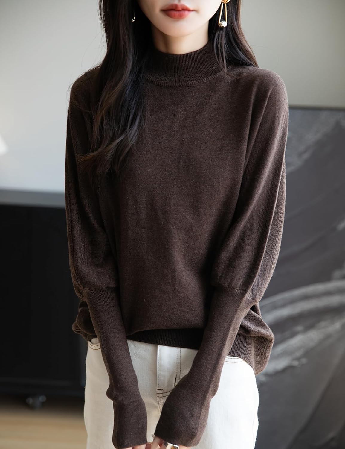 Merino Wool Blend Mock Neck Batwing Sleeve Sweater