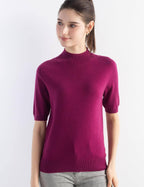 Merino Wool Blend Mock Neck Short Sleeve Seamless Knit Sweater
