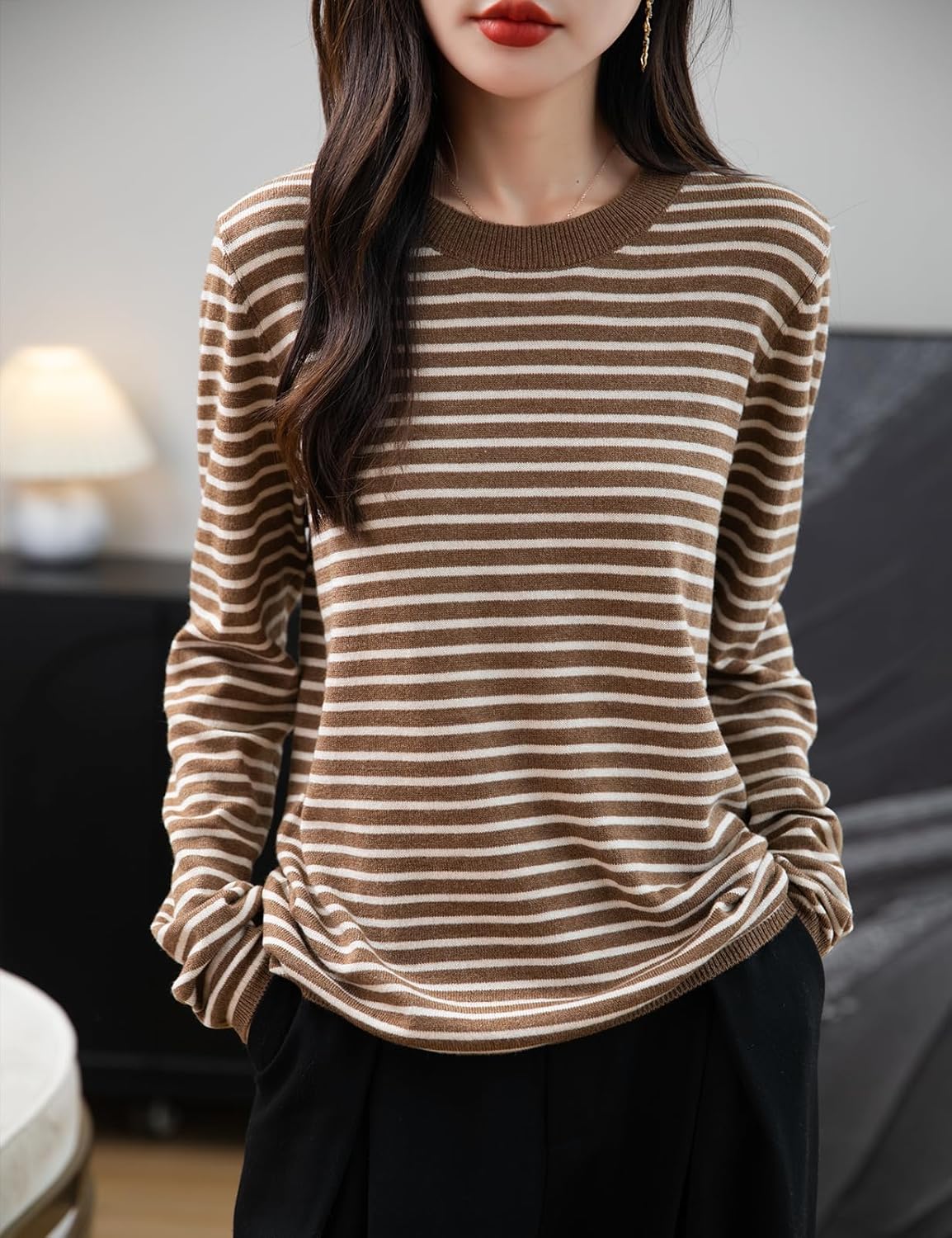 Merino Wool Blend Striped Crewneck Sweater