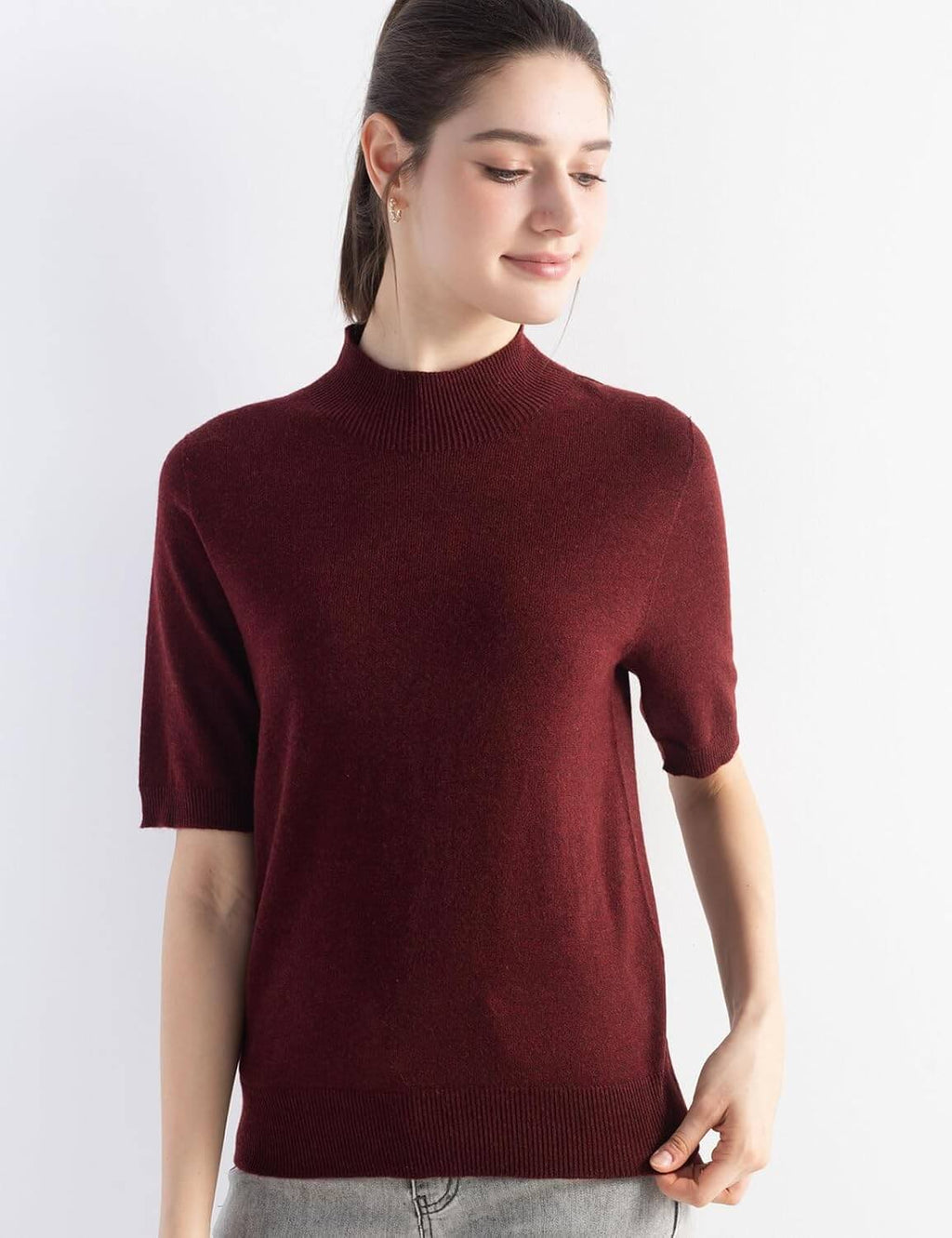 Merino Wool Blend Mock Neck Short Sleeve Seamless Knit Sweater