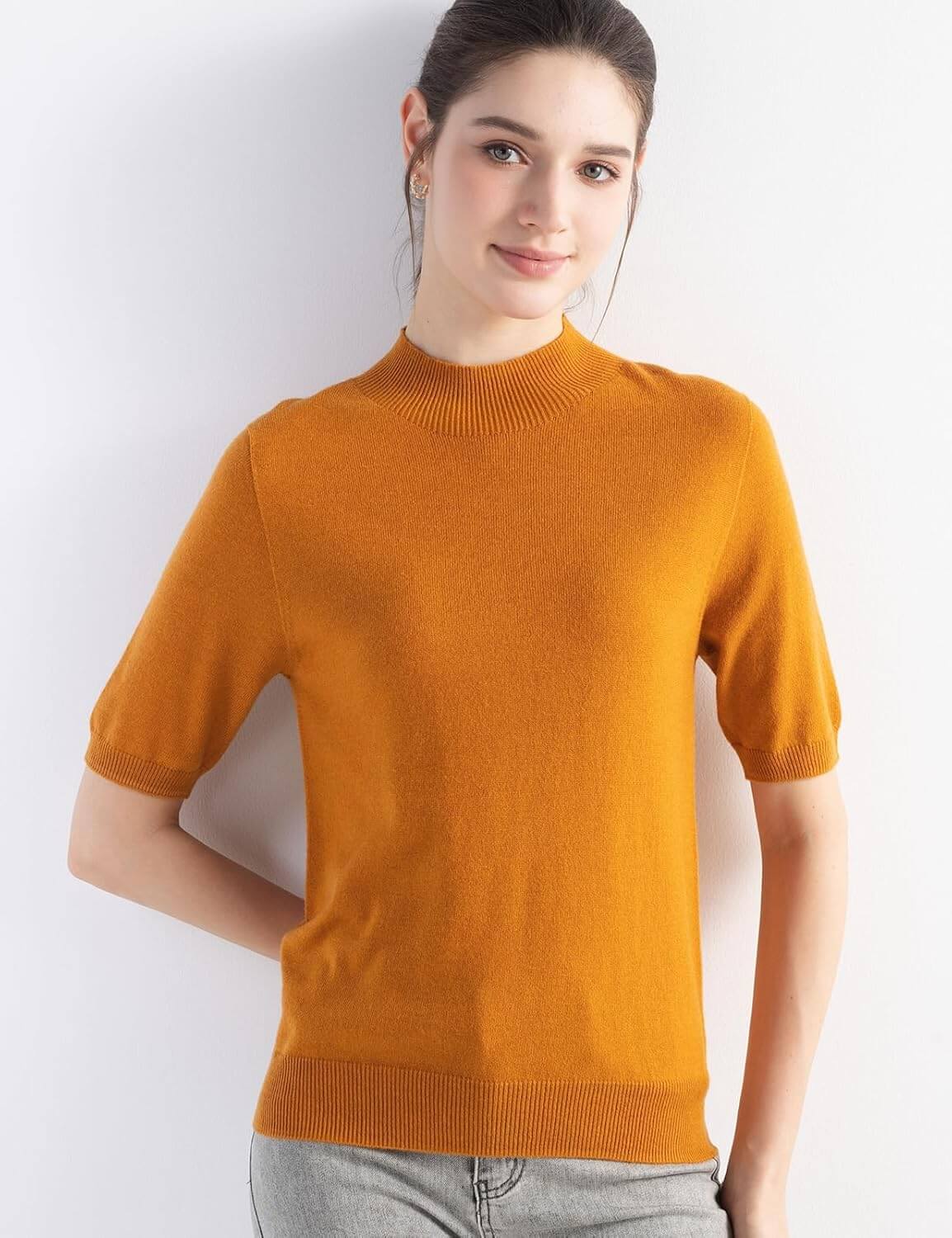 Merino Wool Blend Mock Neck Short Sleeve Seamless Knit Sweater