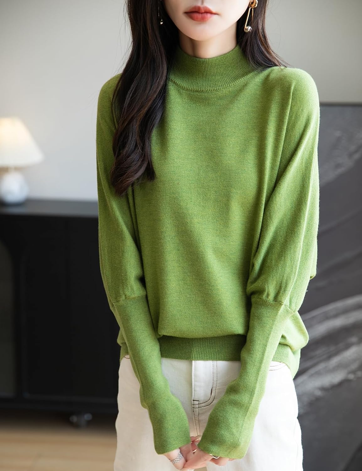 Merino Wool Blend Mock Neck Batwing Sleeve Sweater