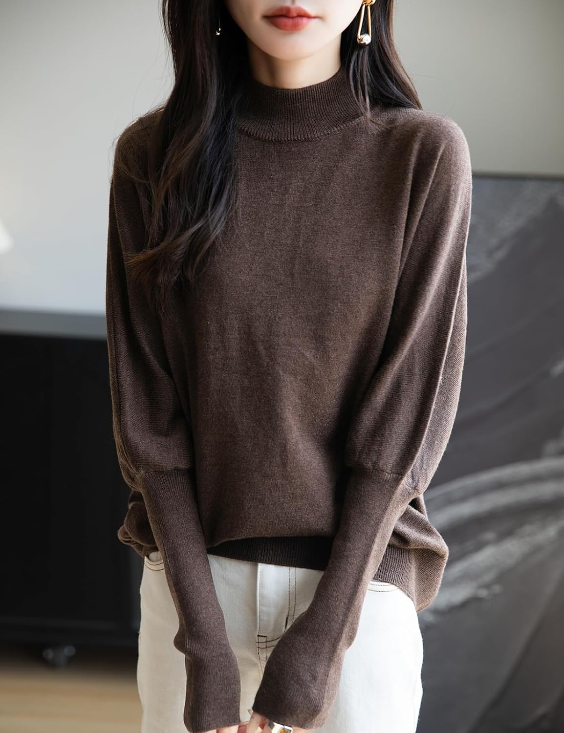 Merino Wool Blend Mock Neck Batwing Sleeve Sweater