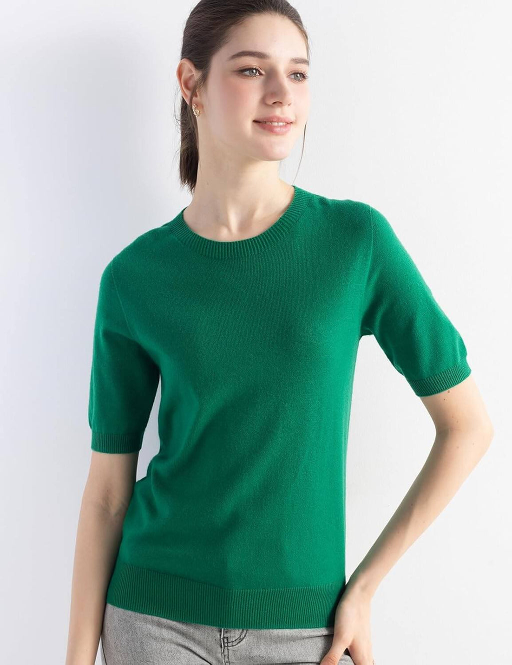 Merino Wool Blend Crew Neck Short Sleeve Seamless Knit Sweater