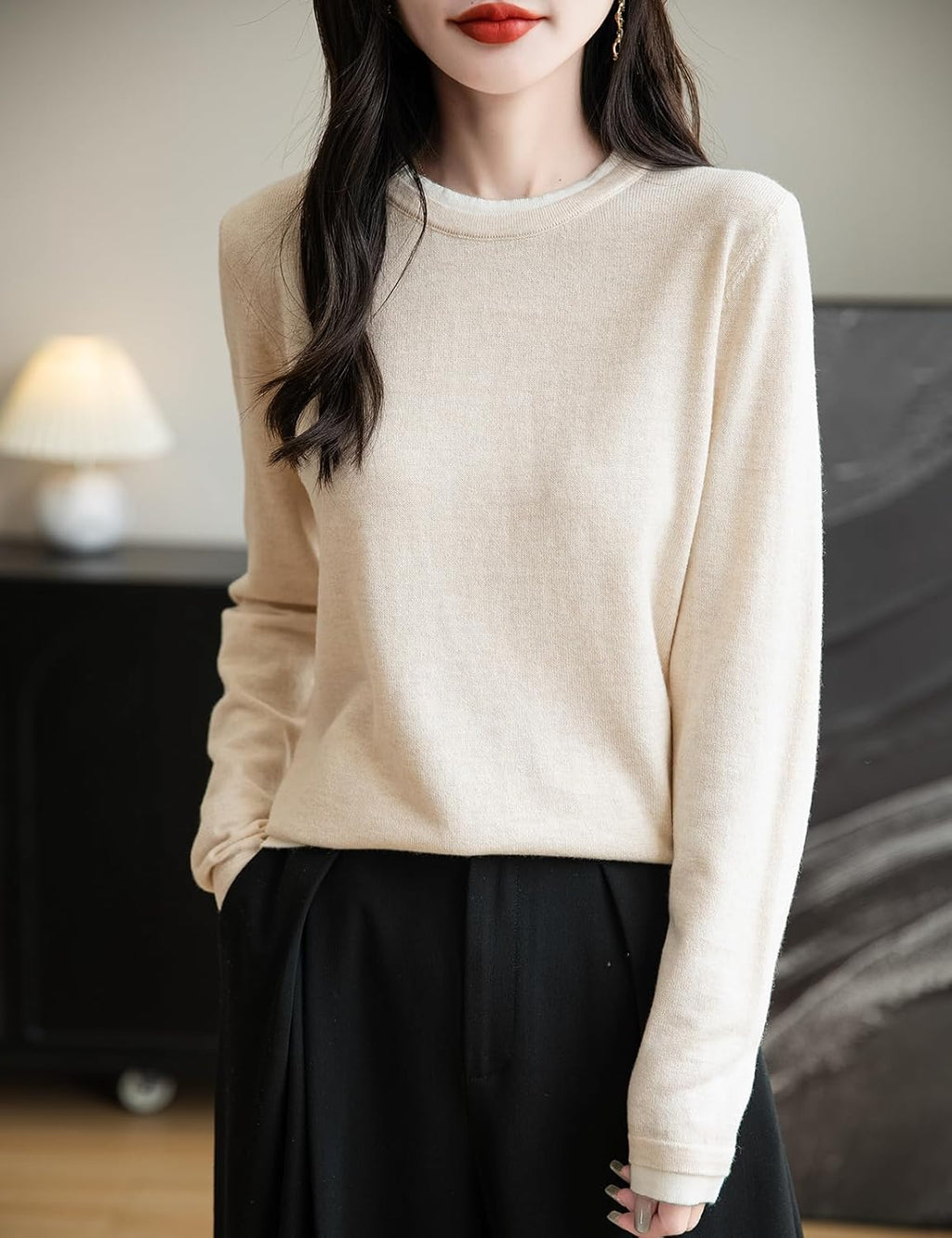 Merino Wool Blend Color Block Fake Two-Piece Crewneck Knit Top