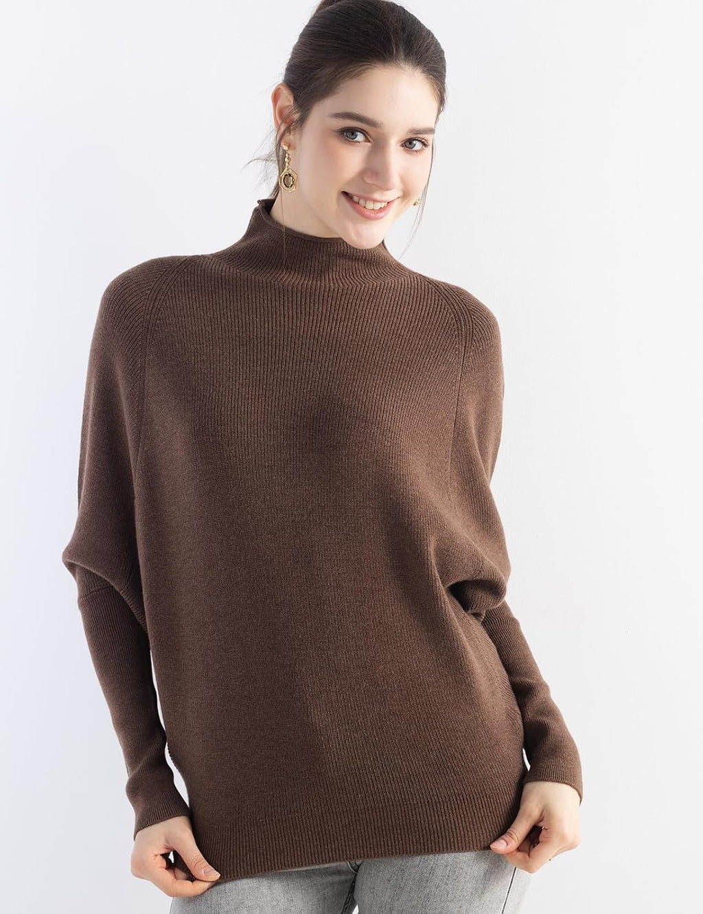 Merino Wool Blend Oversized Mock Neck Batwing Knit Sweater