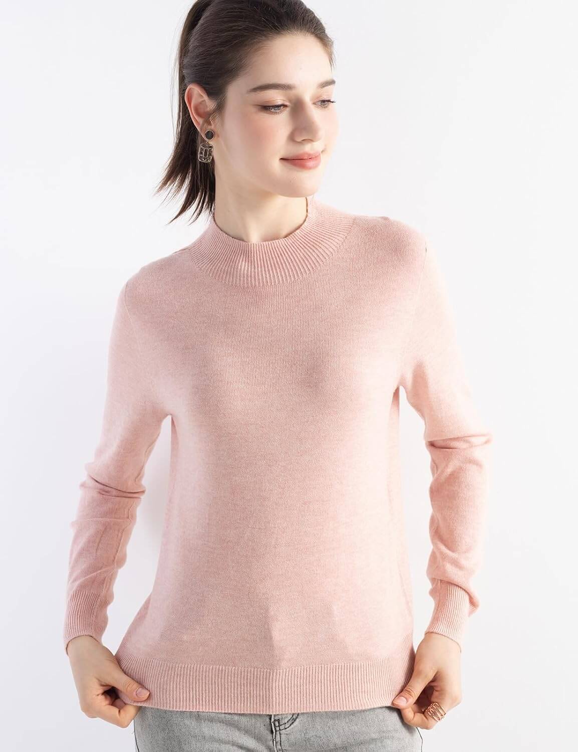 Merino Wool Blend Mock Neck Seamless Knit Sweater