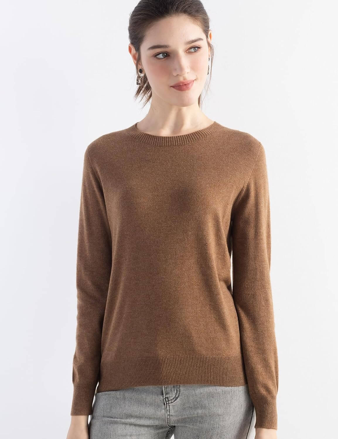 Merino Wool Blend Crew Neck Seamless Knit Sweater