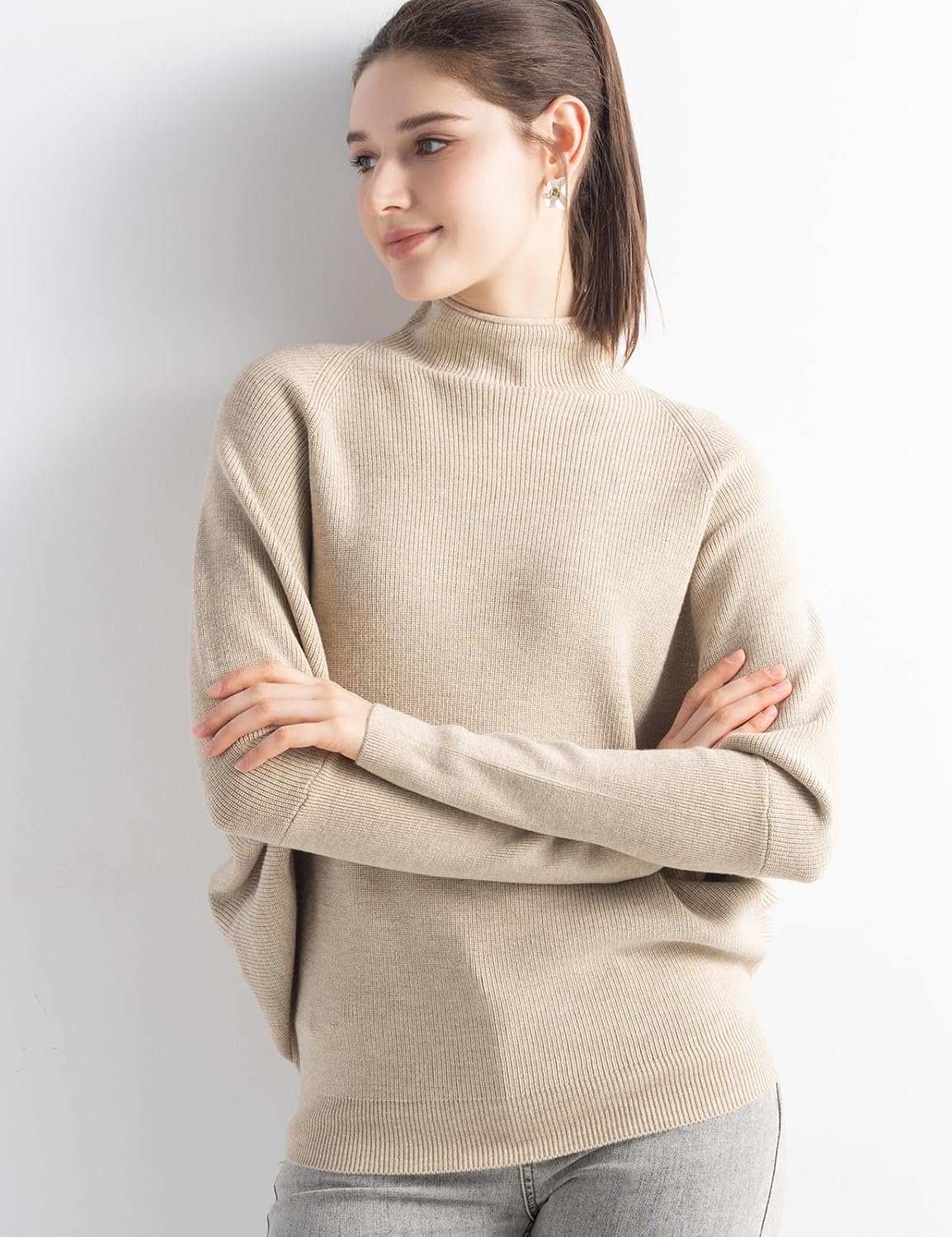 Merino Wool Blend Oversized Mock Neck Batwing Knit Sweater