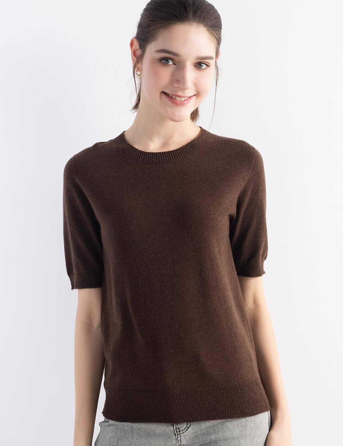 Merino Wool Blend Crew Neck Short Sleeve Seamless Knit Sweater