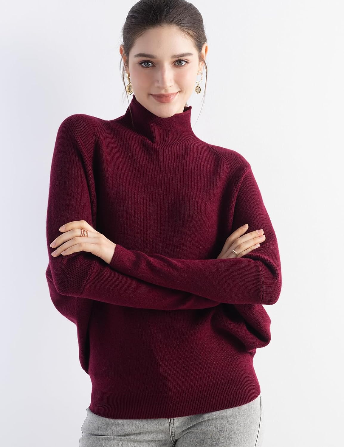 Merino Wool Blend Oversized Mock Neck Batwing Knit Sweater