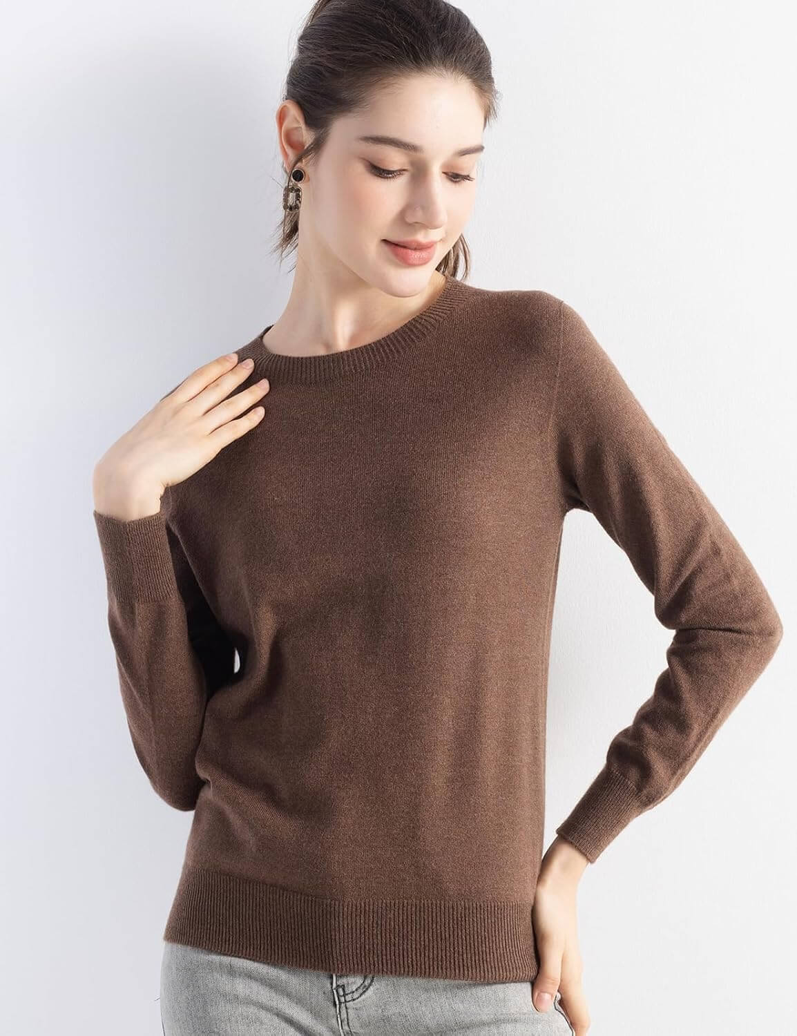 Merino Wool Blend Crew Neck Seamless Knit Sweater