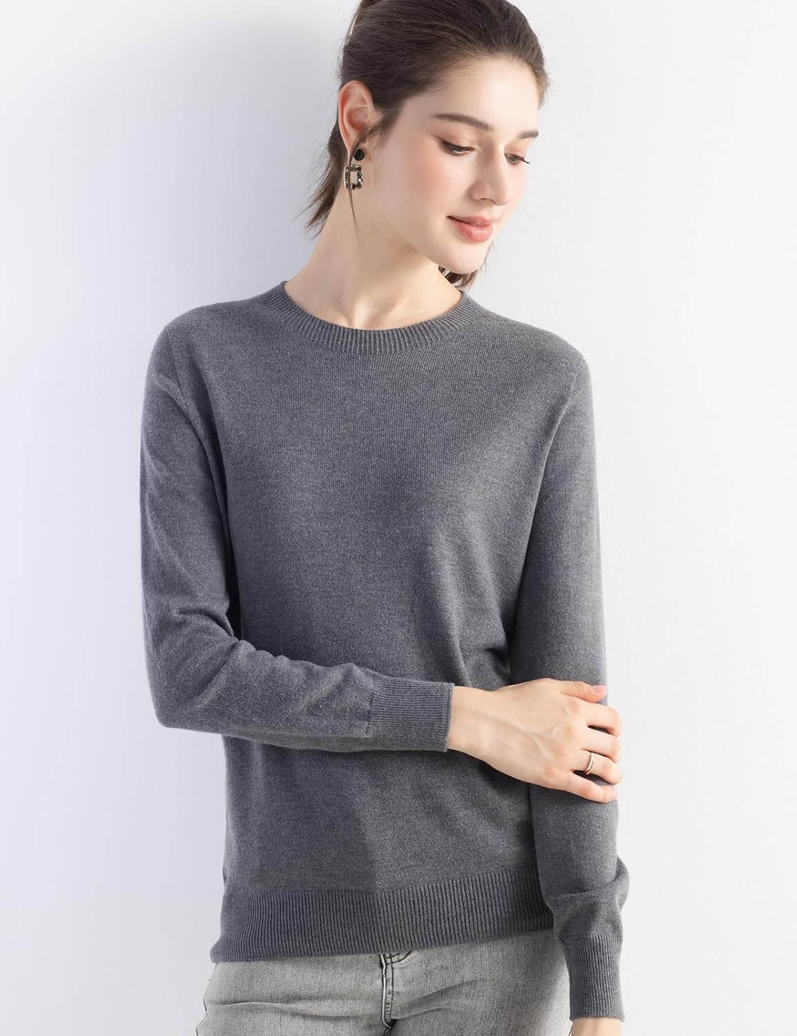 Merino Wool Blend Crew Neck Seamless Knit Sweater