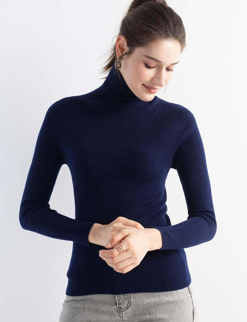 Merino Wool Blend Ribbed Turtleneck Slim Fit Sweater