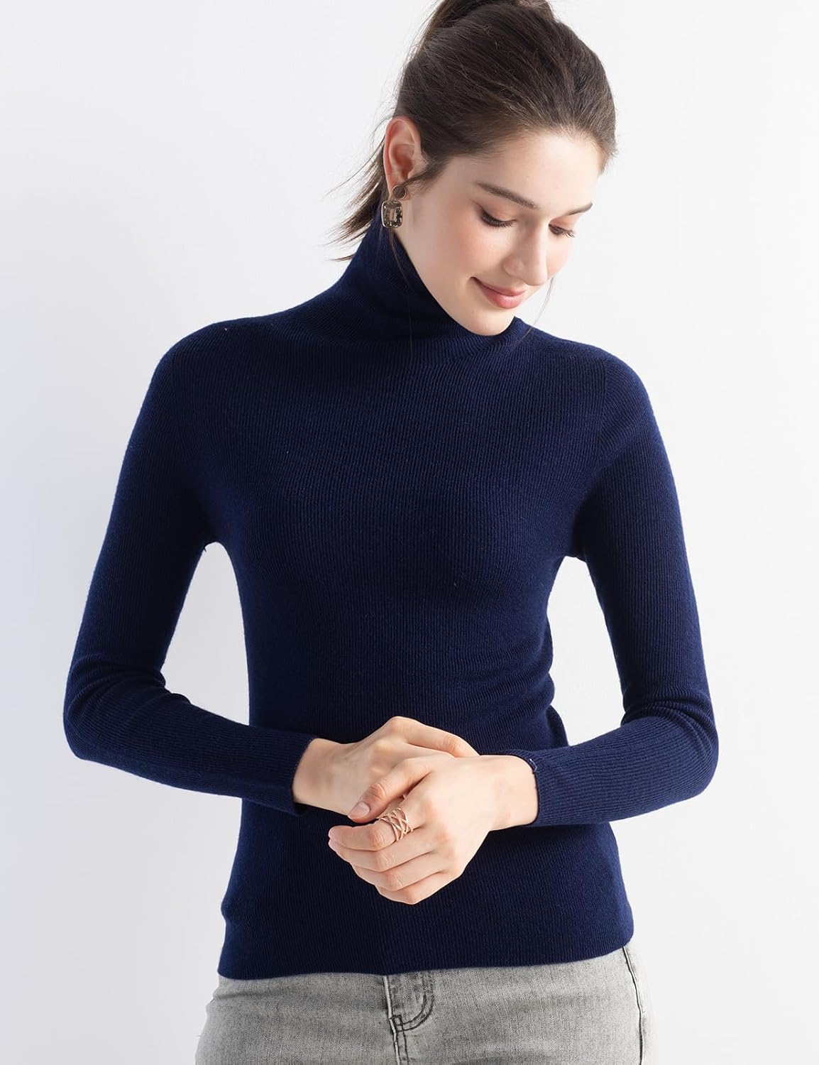 Merino Wool Blend Ribbed Turtleneck Slim Fit Sweater