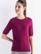 Merino Wool Blend Crew Neck Short Sleeve Seamless Knit Sweater