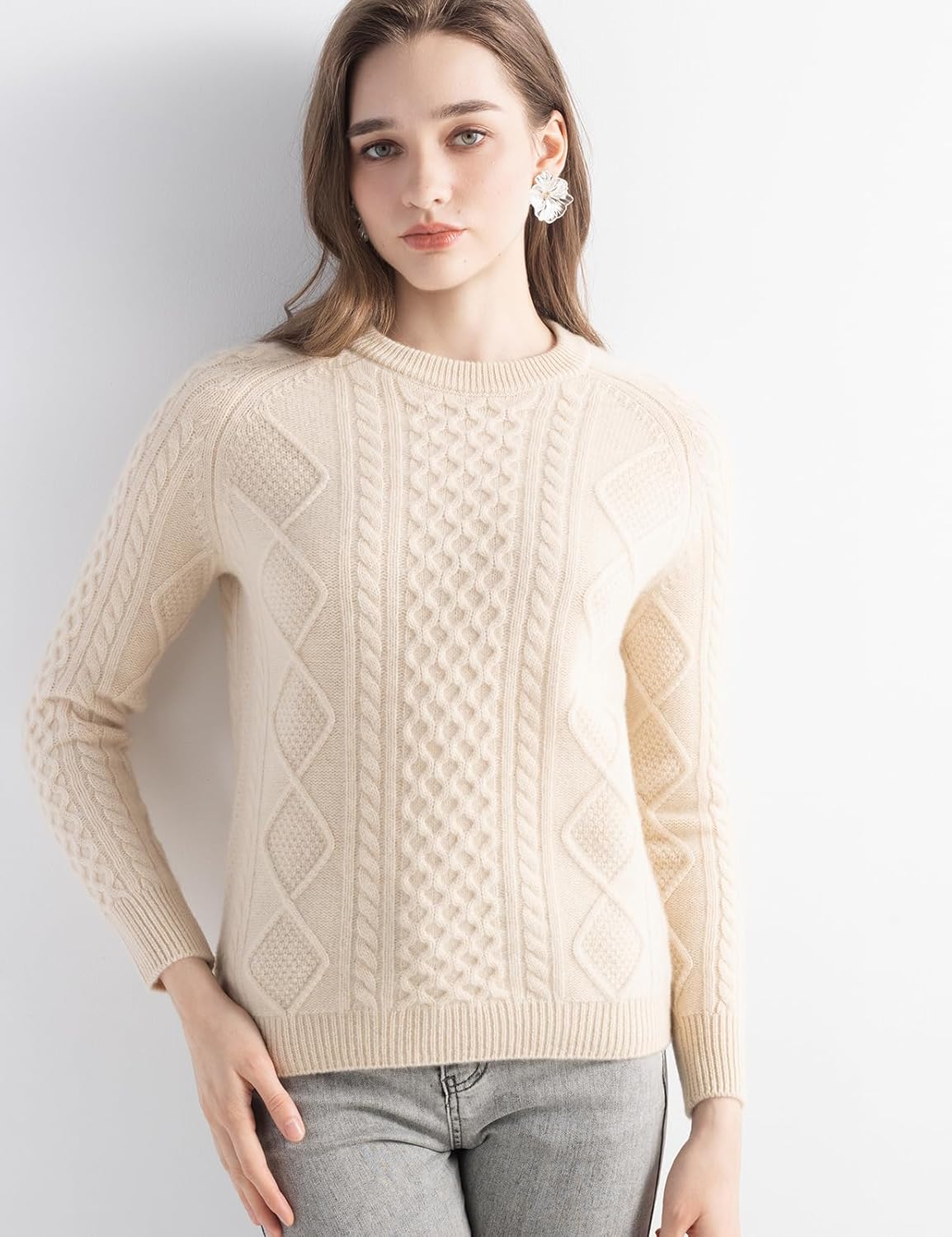 Mongolian Cashmere Slim Cable Crewneck Sweater