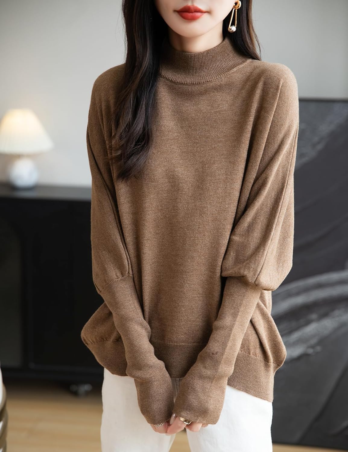 Merino Wool Blend Mock Neck Batwing Sleeve Sweater
