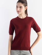 Merino Wool Blend Crew Neck Short Sleeve Seamless Knit Sweater