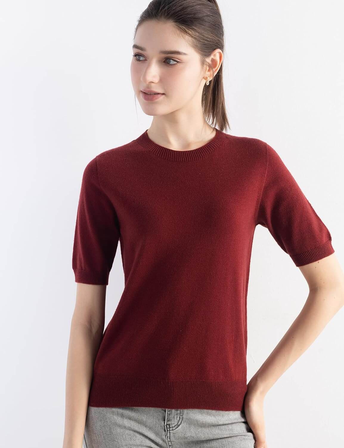 Merino Wool Blend Crew Neck Short Sleeve Seamless Knit Sweater