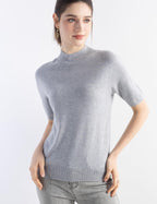 Merino Wool Blend Mock Neck Short Sleeve Seamless Knit Sweater