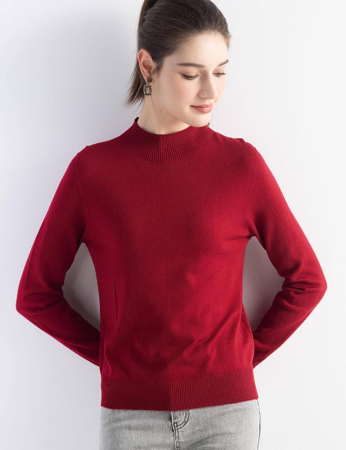 Merino Wool Blend Mock Neck Seamless Knit Sweater