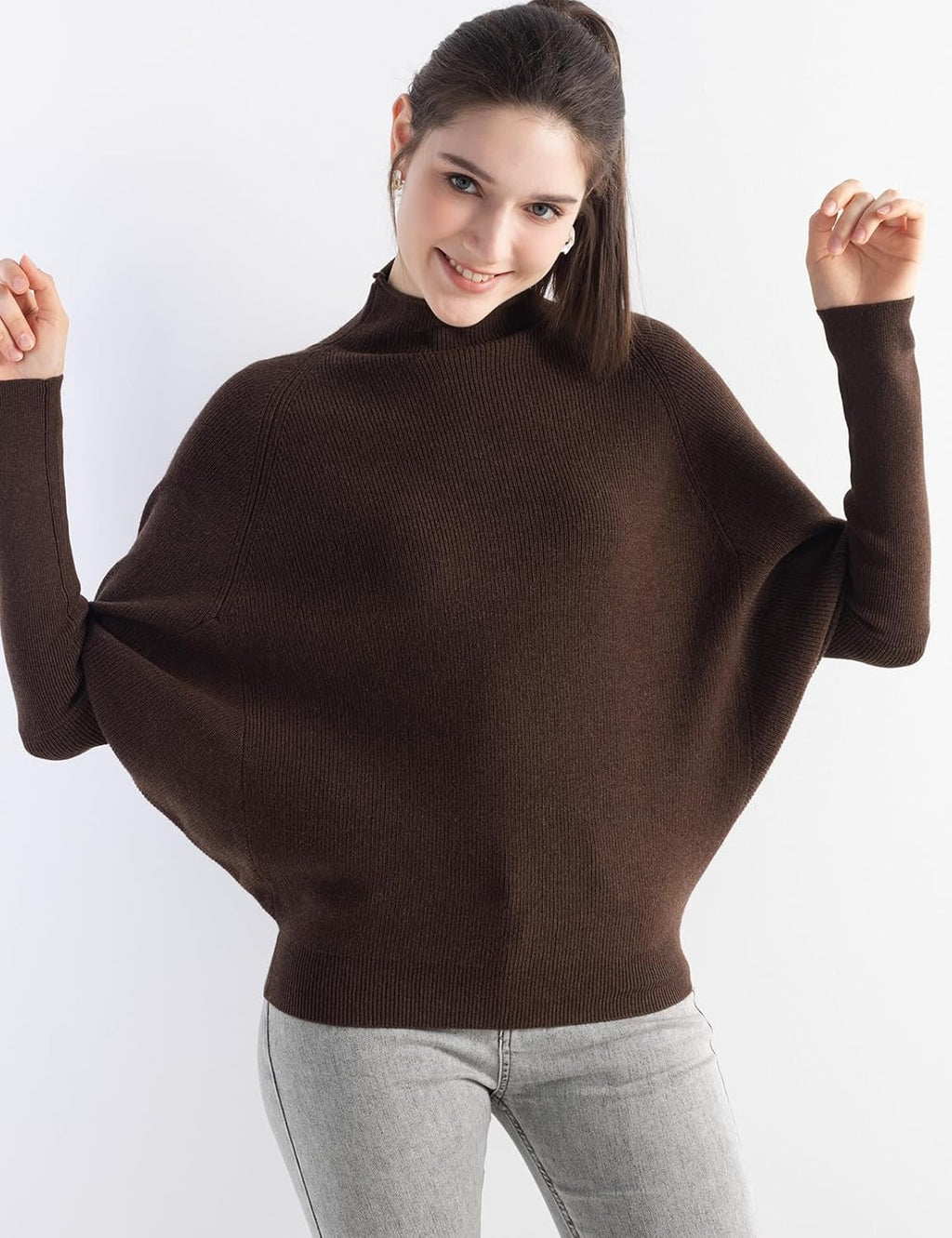 Merino Wool Blend Oversized Mock Neck Batwing Knit Sweater