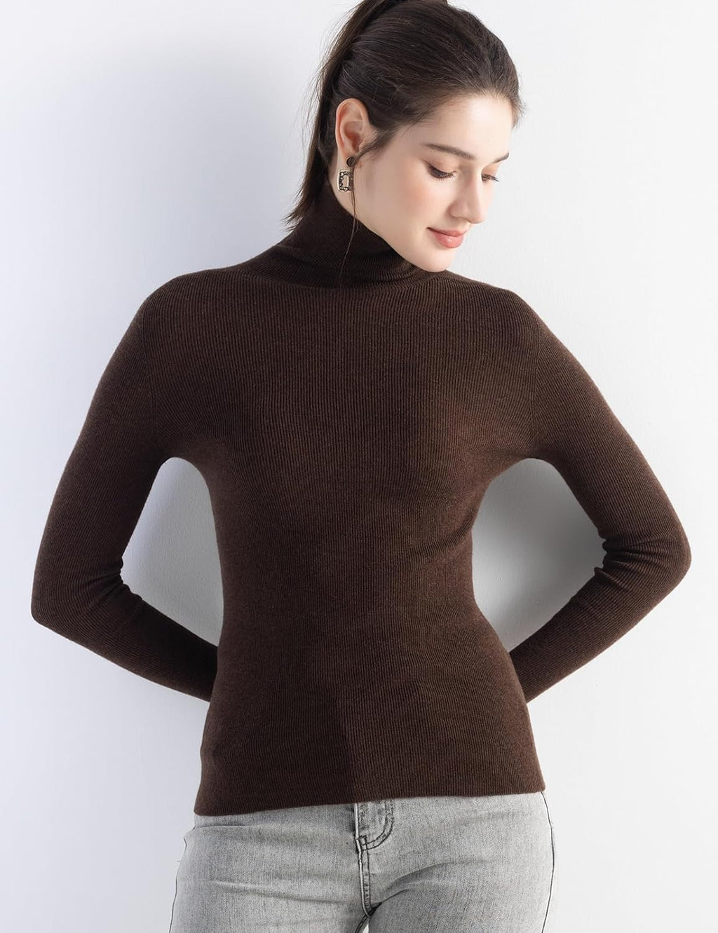 Merino Wool Blend Ribbed Turtleneck Slim Fit Sweater