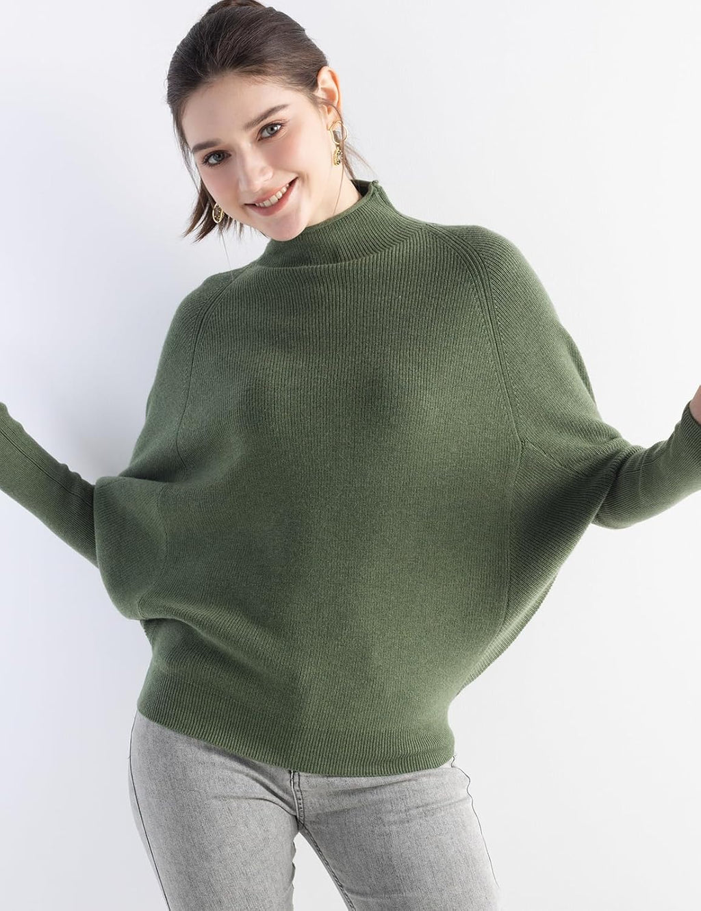 Merino Wool Blend Oversized Mock Neck Batwing Knit Sweater