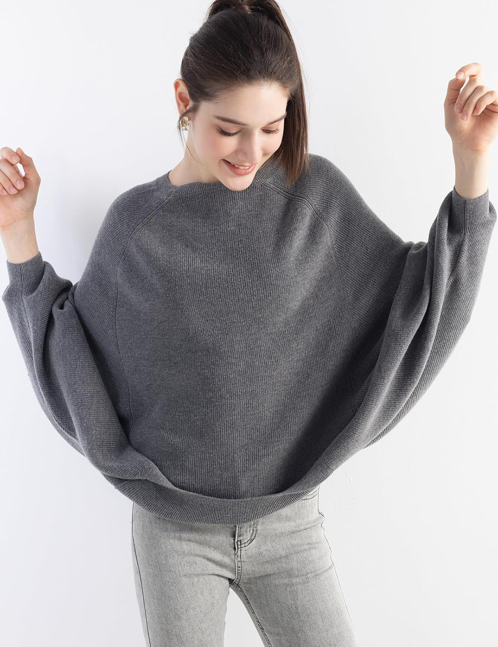 Merino Wool Blend Oversized Crewneck Batwing Sweater