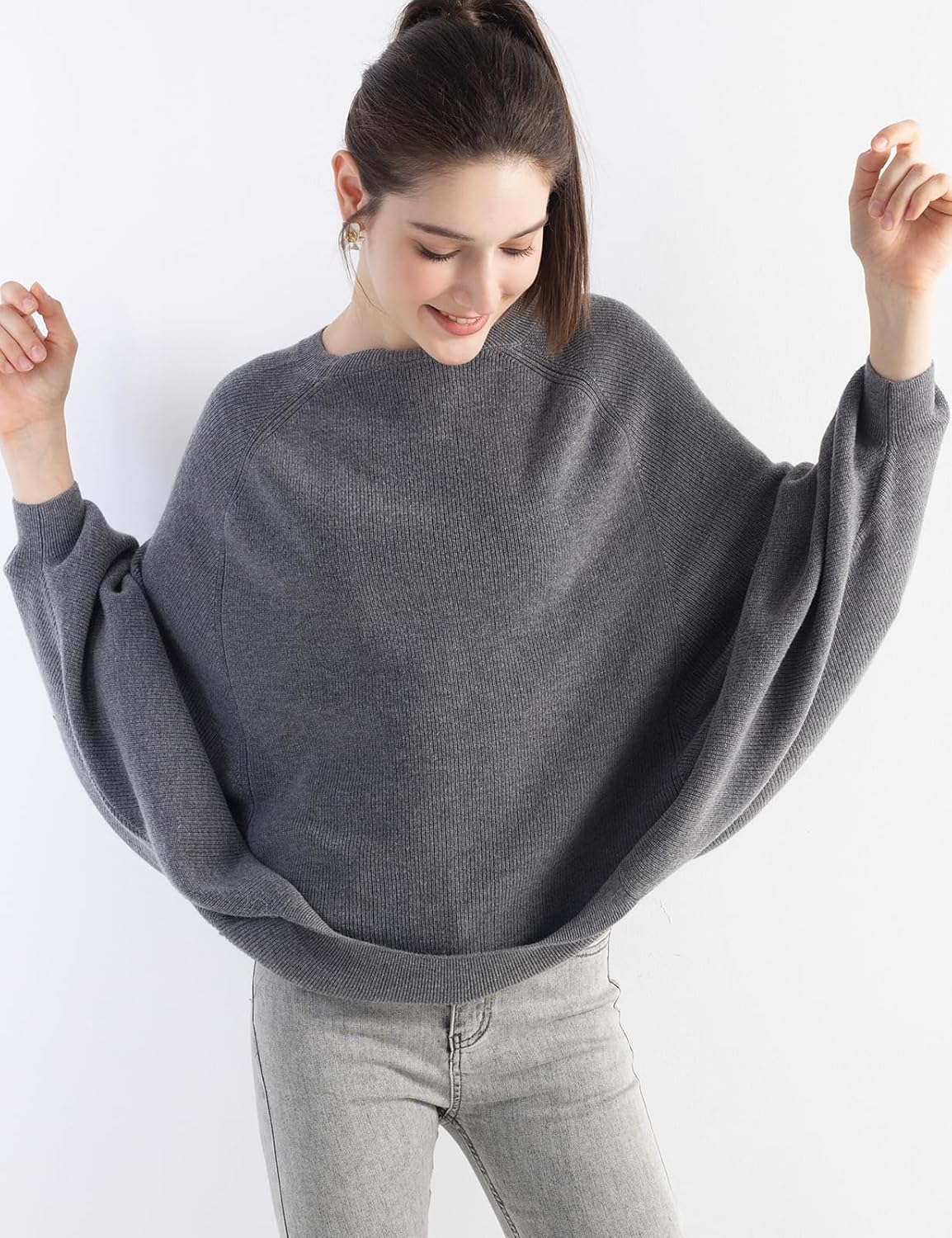 Merino Wool Blend Oversized Crewneck Batwing Sweater