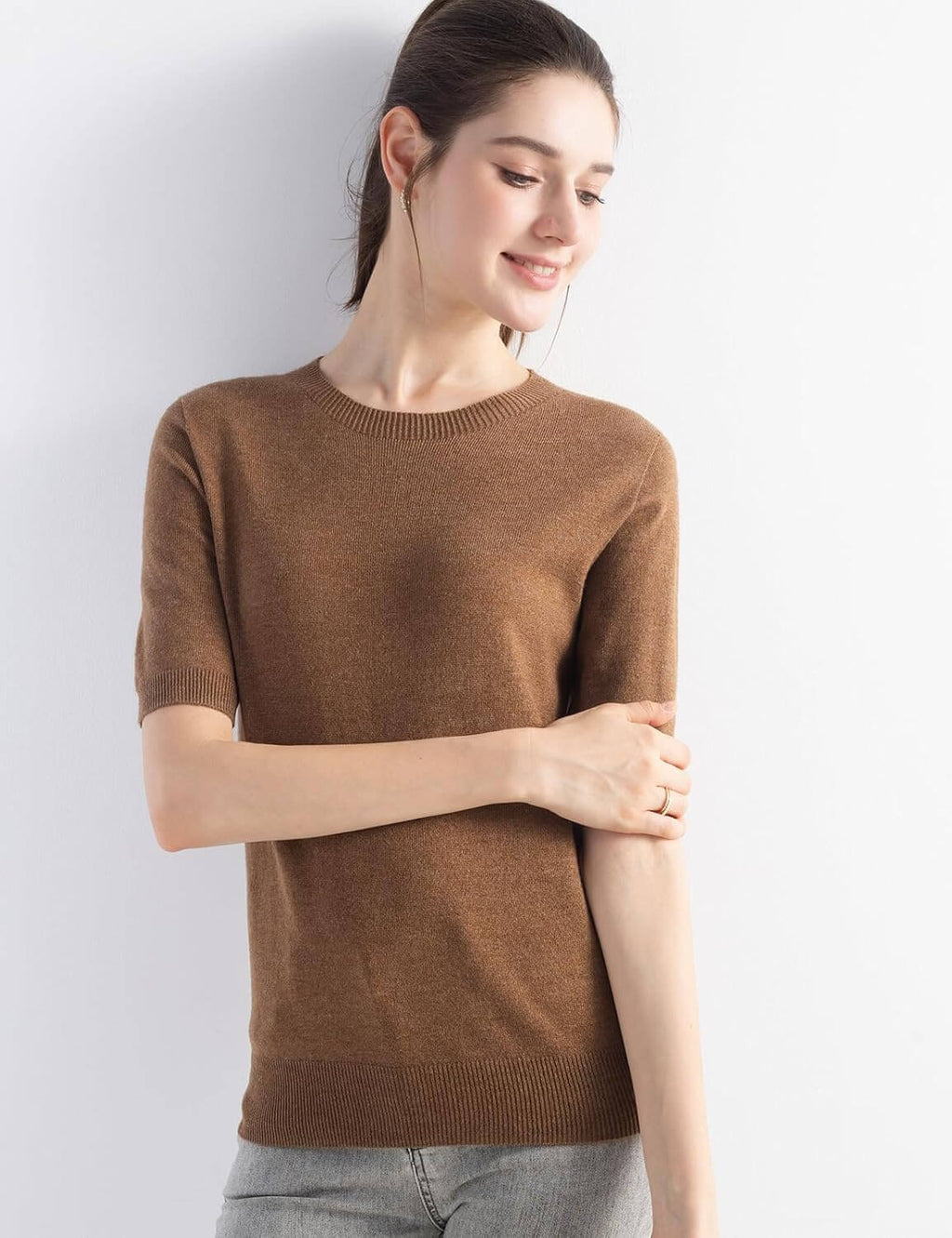 Merino Wool Blend Crew Neck Short Sleeve Seamless Knit Sweater