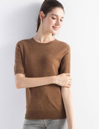 Merino Wool Blend Crew Neck Short Sleeve Seamless Knit Sweater