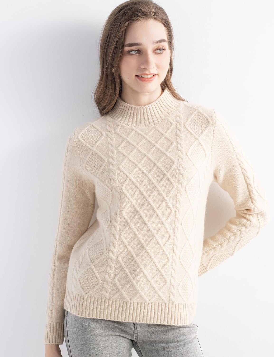 Mongolian Cashmere Casual Mock Neck Cable Sweater