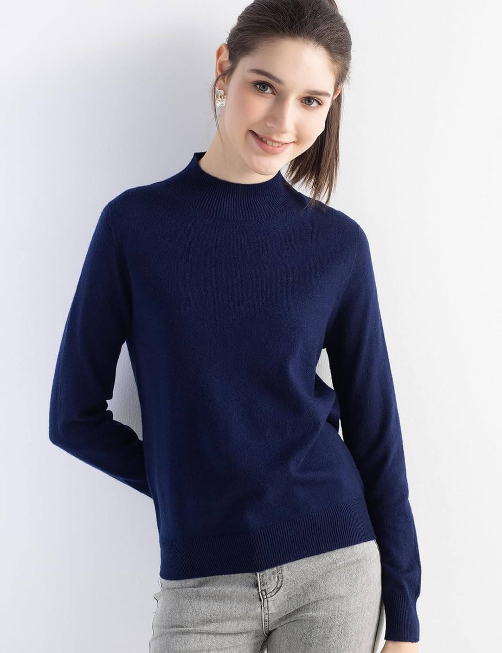 Merino Wool Blend Mock Neck Seamless Knit Sweater