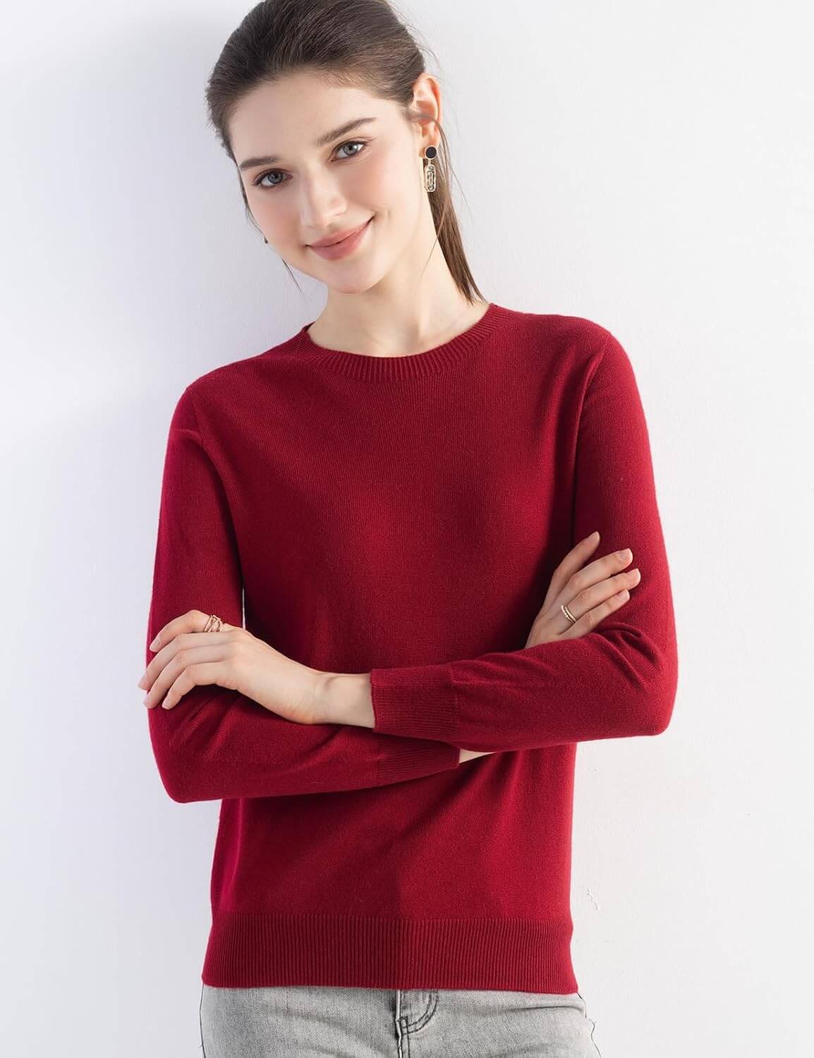 Merino Wool Blend Crew Neck Seamless Knit Sweater
