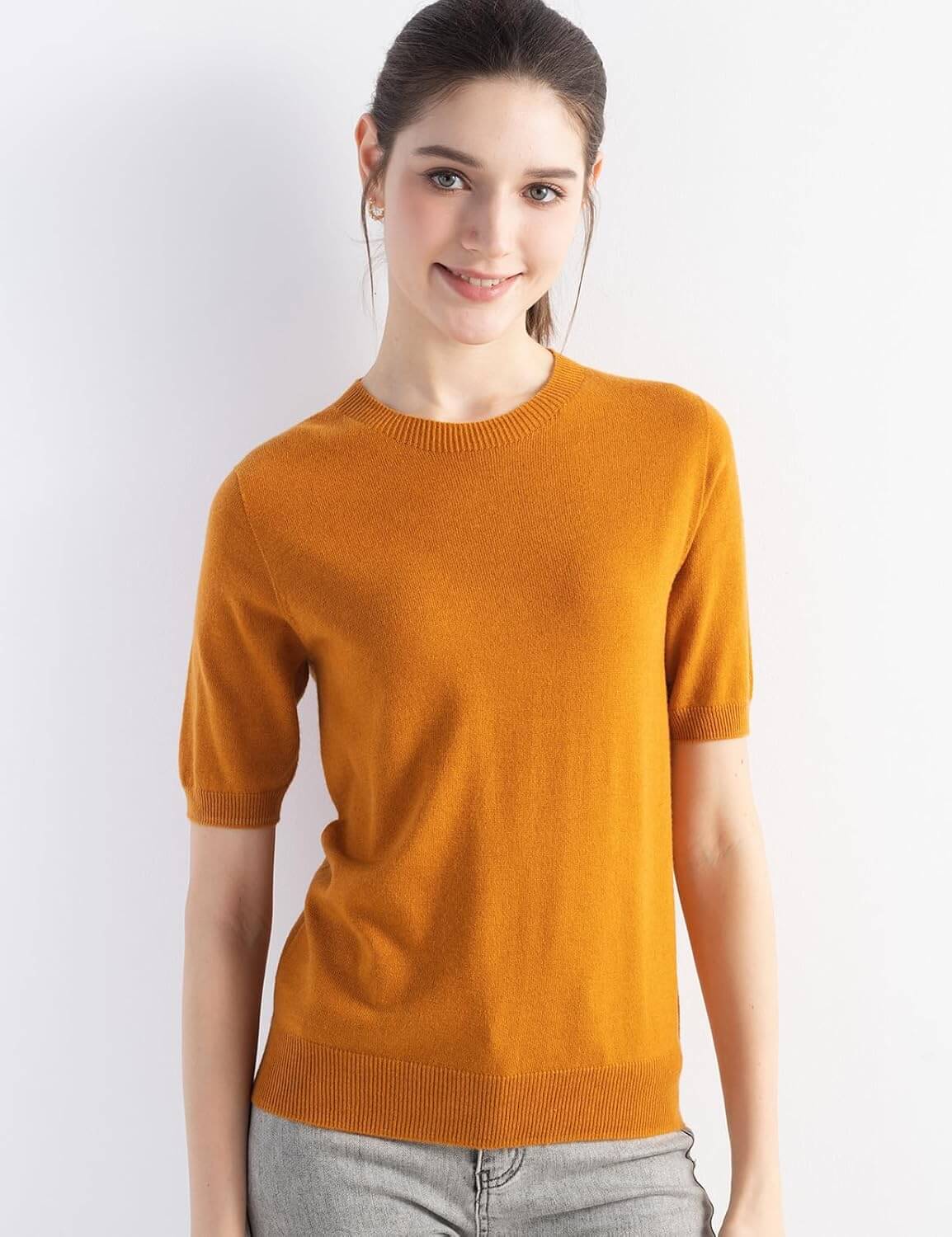 Merino Wool Blend Crew Neck Short Sleeve Seamless Knit Sweater