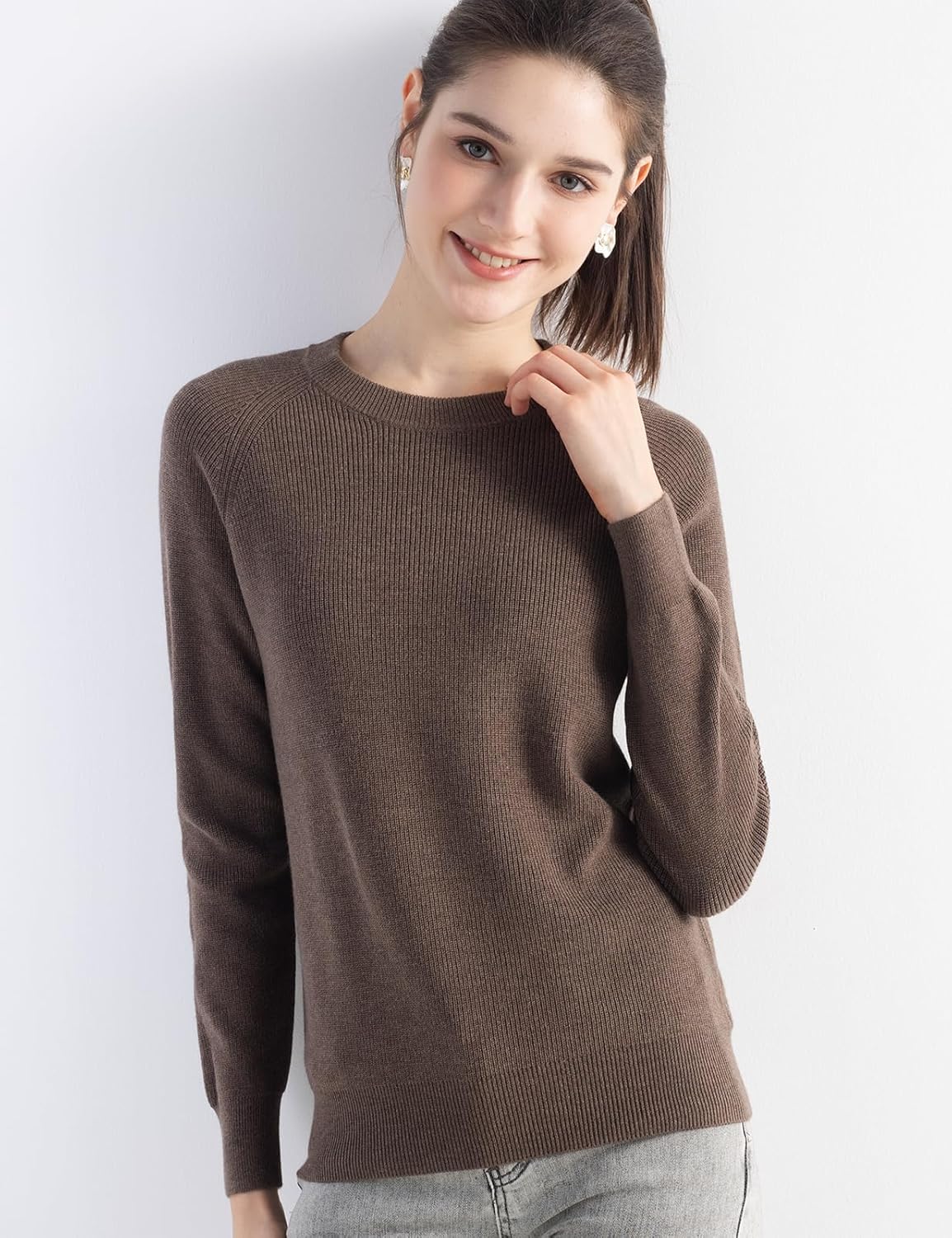 Merino Wool Blend Crew Neck Knit Sweater