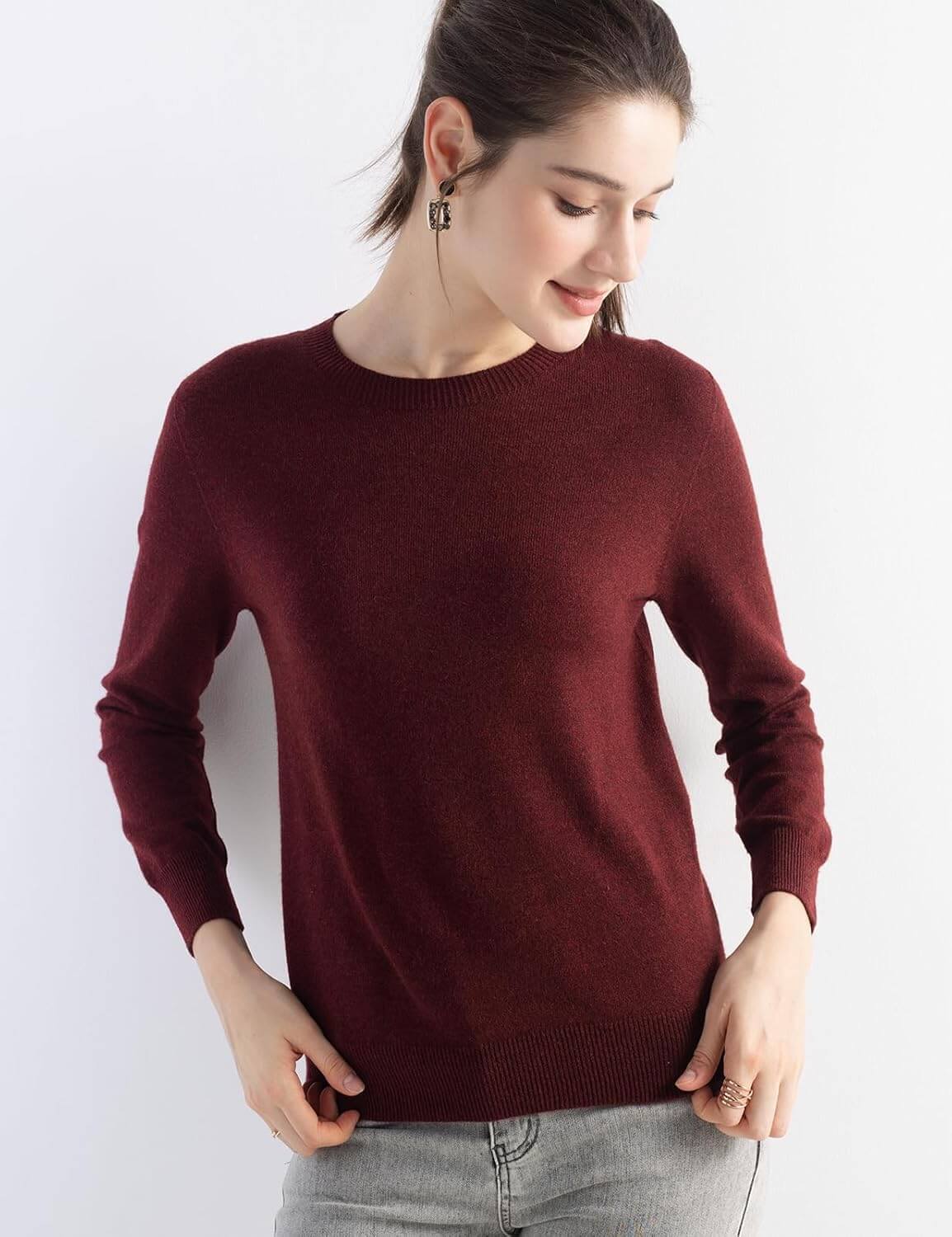 Merino Wool Blend Crew Neck Seamless Knit Sweater