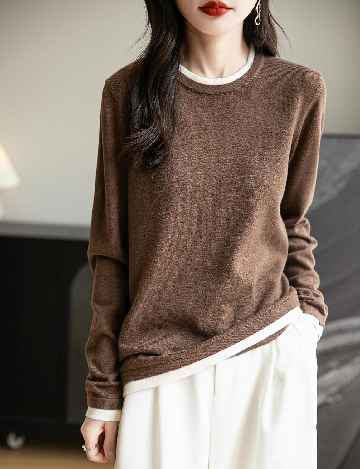 Merino Wool Blend Color Block Fake Two-Piece Crewneck Knit Top