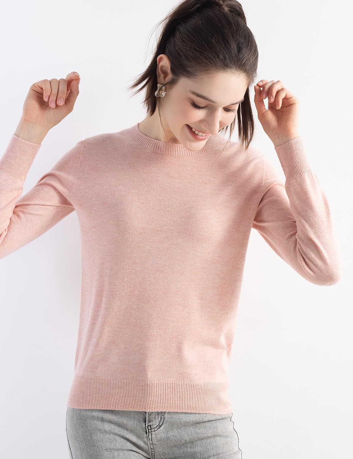Merino Wool Blend Crew Neck Seamless Knit Sweater
